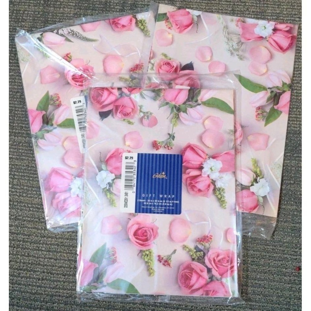 Vintage Pink Rose Gift Wrap Gibson 2 Pk + 1, 5 Sheets NOS Flowers Valentines‎